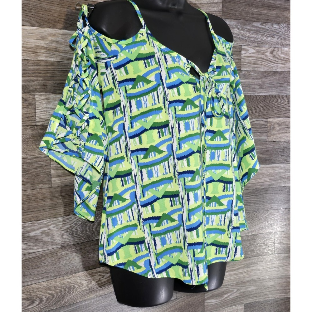 Voom by Joy Han XS Cold Shoulder Top‎ Green Blue Abstract Print